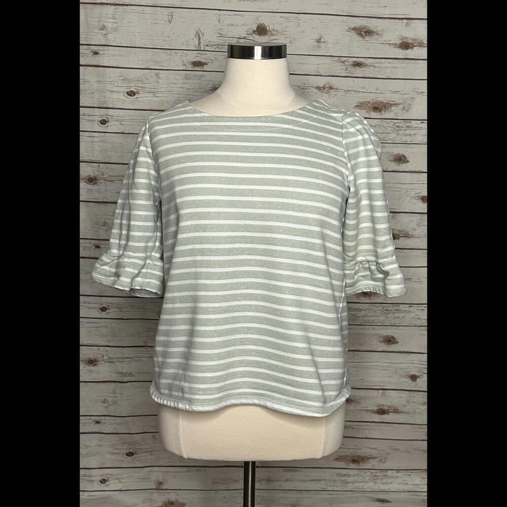 ModCloth 'Spiffed Up Saturday' green striped tie-back ruffle sleeve top Size XL